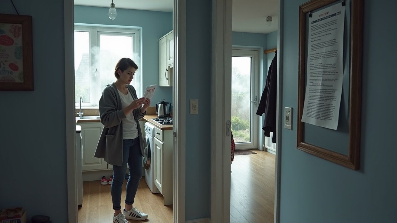 Mulher em pé na cozinha, lendo um papel, com uma janela grande ao fundo e paredes azuis claras ao redor.