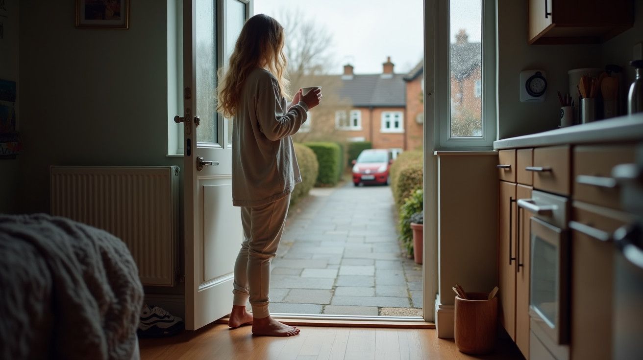 Mulher de pé à porta de uma cozinha, segurando uma chávena, olha para o jardim numa manhã nublada.