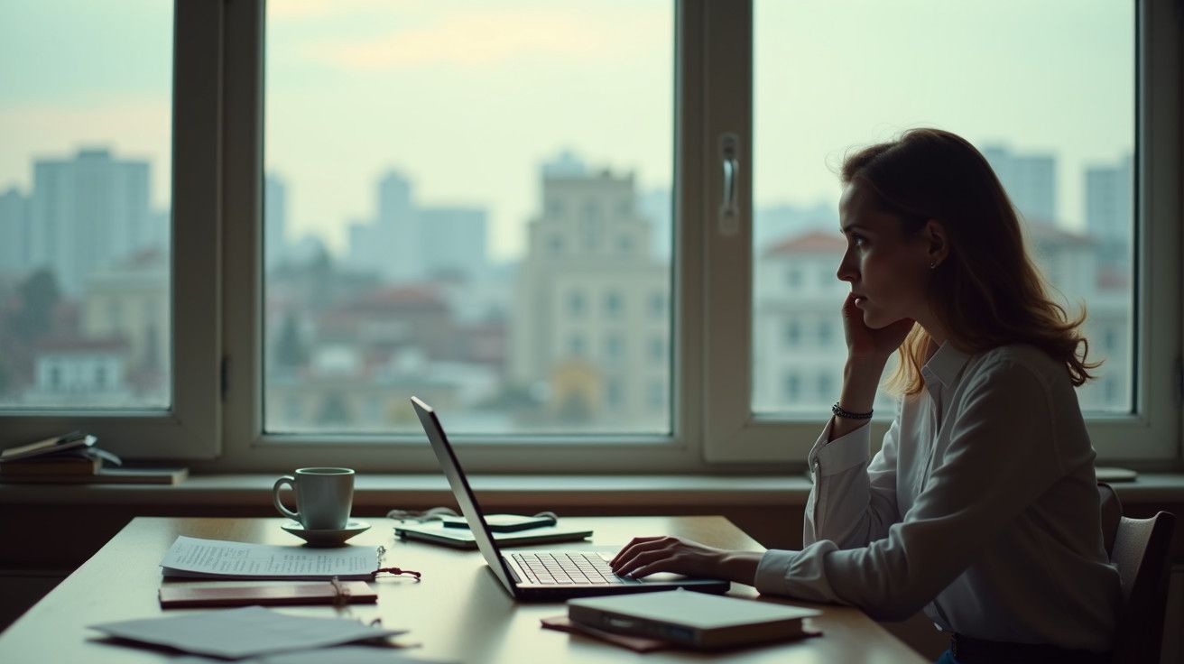 Mulher a trabalhar num portátil junto a uma grande janela, com papéis e café na mesa, vista urbana ao fundo.