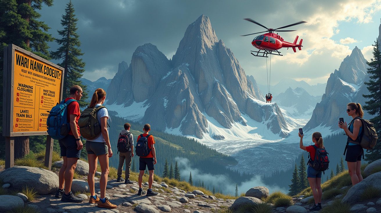 Grupo de caminhantes observa resgate de helicóptero nas montanhas, com neve ao fundo e vegetação verdejante ao redor.