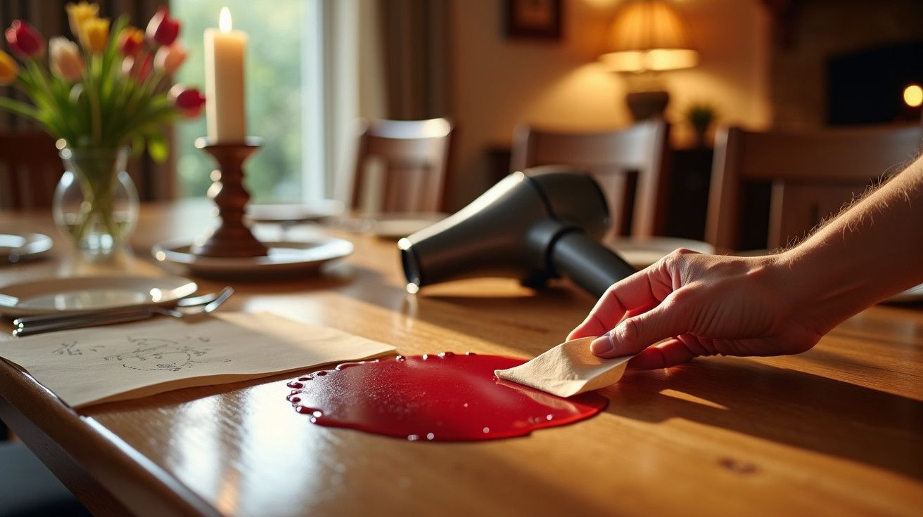 Mão a limpar vinho entornado numa mesa de madeira, com secador e flores ao fundo.