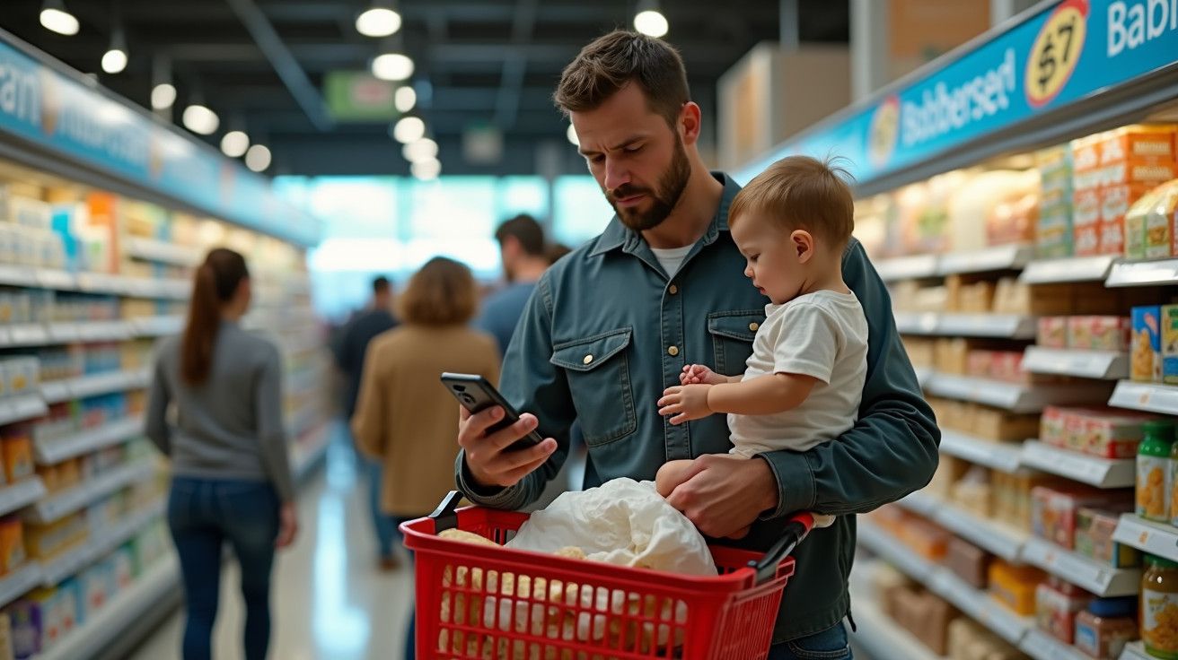 Homem com bebé ao colo e cesto de compras, consulta o telemóvel num supermercado movimentado.