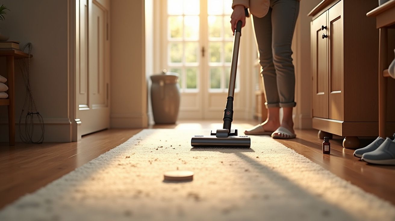 Pessoa a aspirar um tapete bege numa sala com luz natural, chão em madeira e móveis claros.