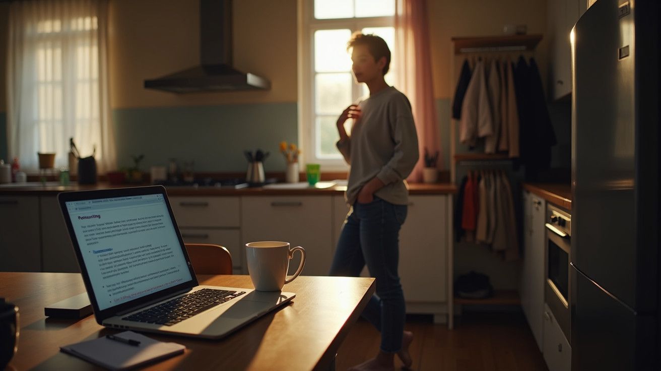 Cozinha iluminada pelo sol, com portátil e chávena na mesa, e pessoa em pé ao fundo.