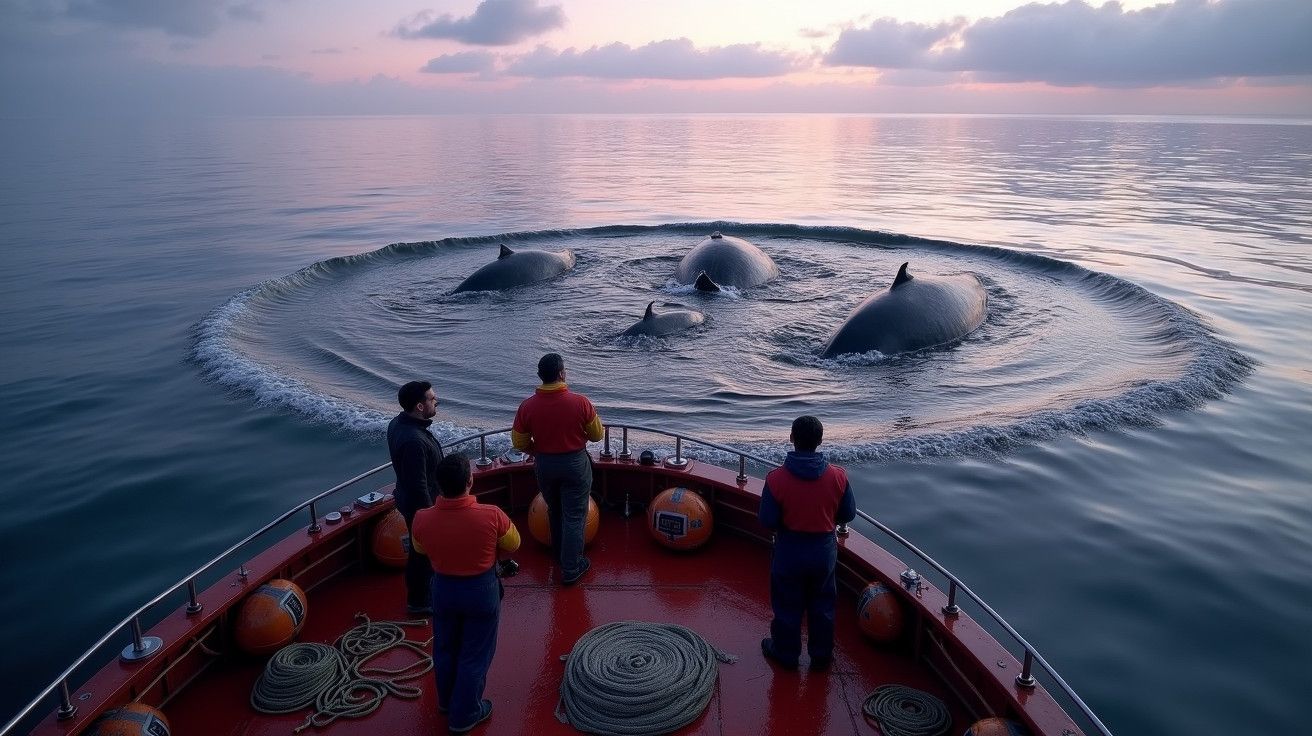 Quatro pessoas num barco observam baleias emergindo do oceano; céu crepuscular ao fundo.