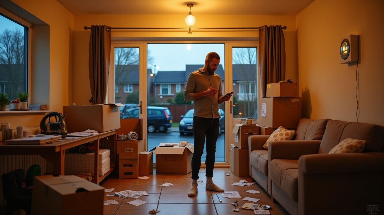 Homem numa sala desarrumada, cercado por caixas e papéis, verifica o telemóvel ao entardecer.