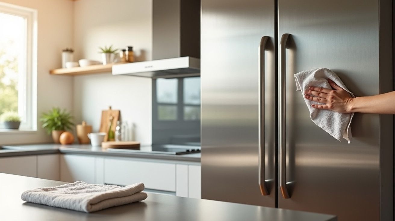 Mão a limpar porta de frigorífico em aço inoxidável numa cozinha moderna com luz natural e plantas decorativas.