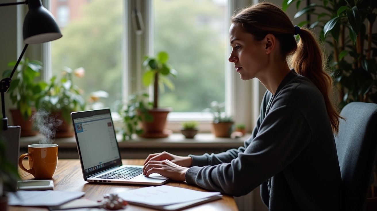 Mulher a trabalhar num portátil junto à janela, rodeada de plantas em vasos, com caneca de café ao lado.