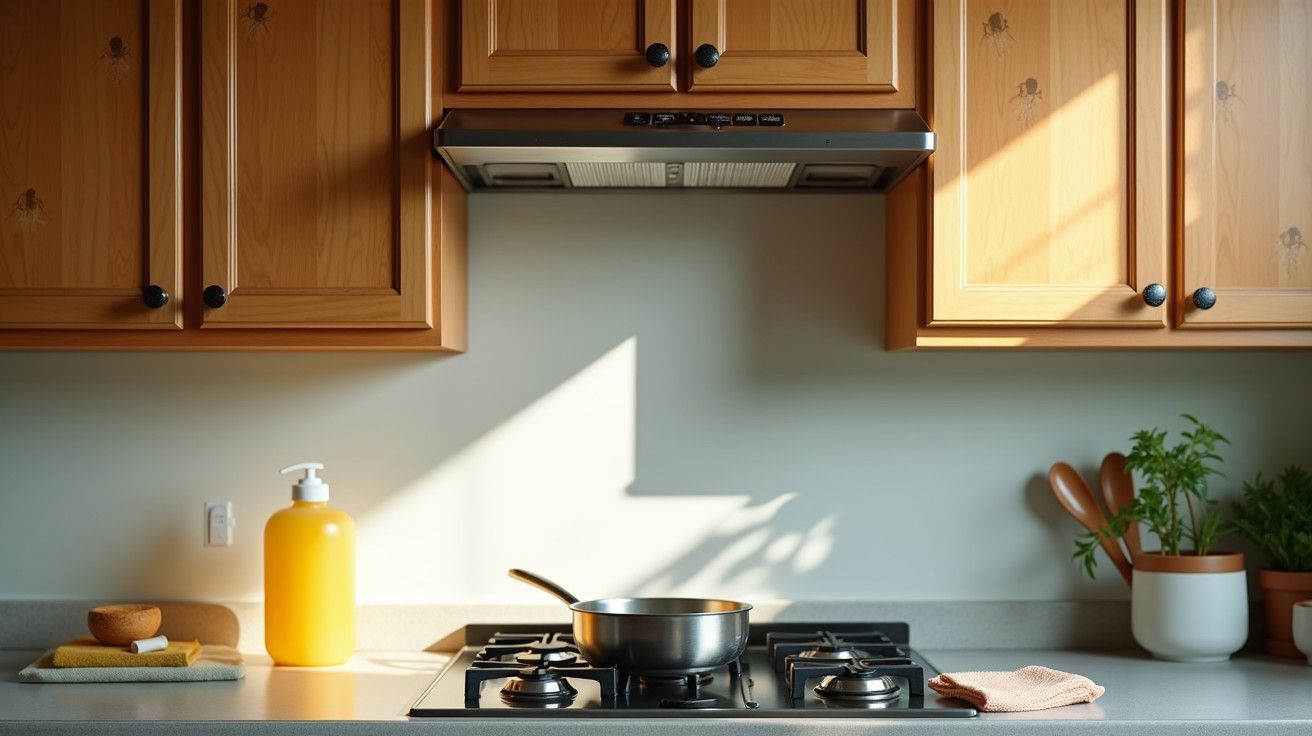 Cozinha com fogão a gás, panela ao centro, armários de madeira, garrafa amarela, e luz do sol entrando pela janela.