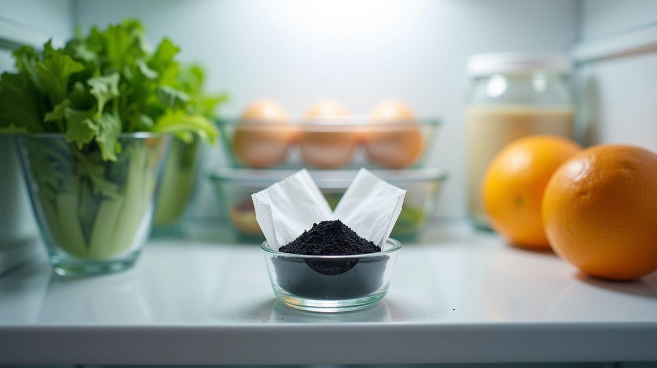 Refrigerador com verduras, ovos, laranjas e pote com pó preto em destaque.