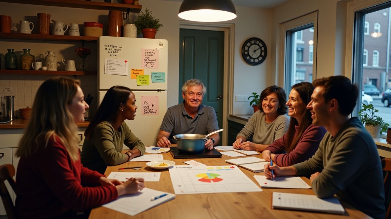 Grupo de seis pessoas em reunião à mesa de jantar, com documentos e panela ao centro.