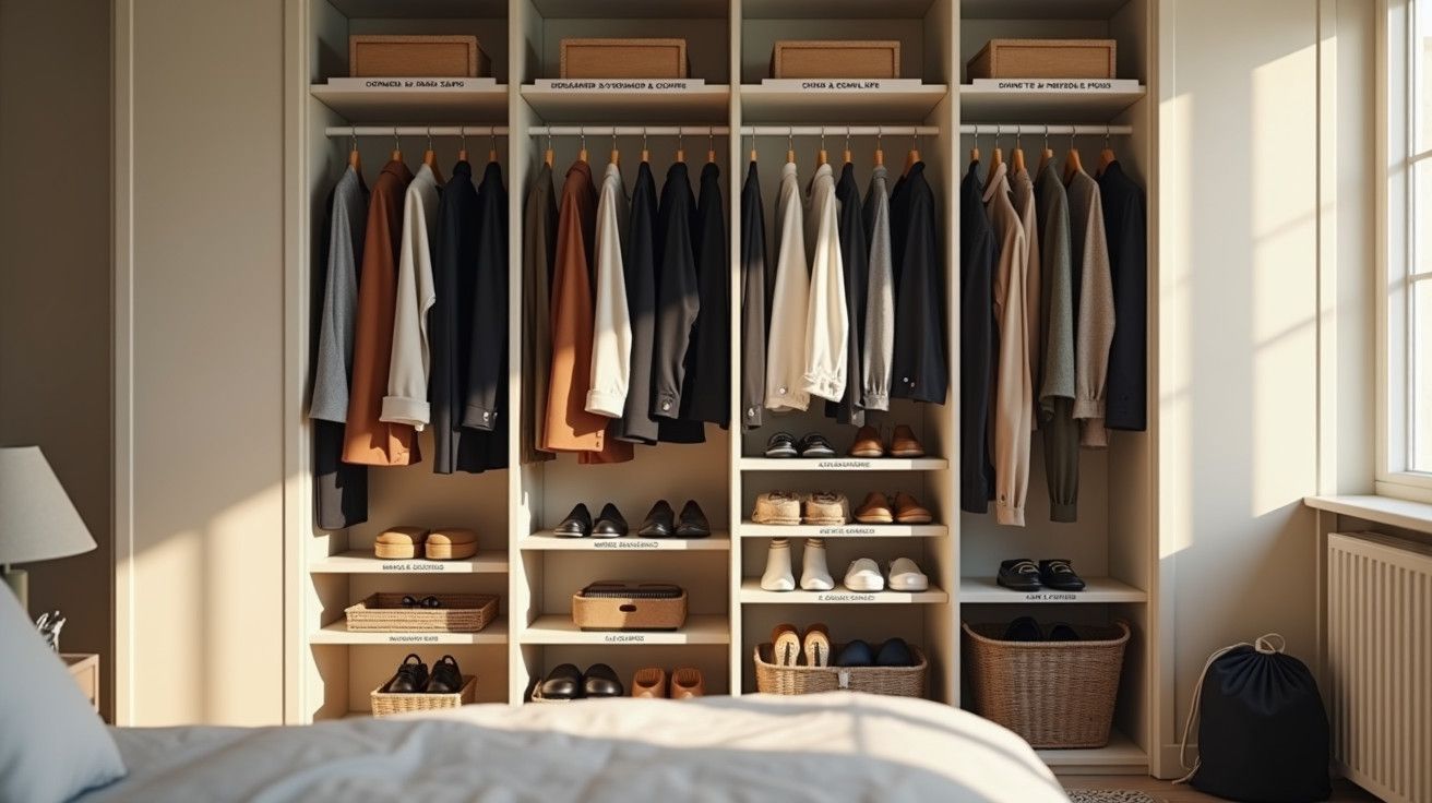 Organizei os separadores do roupeiro por tipo de roupa para facilitar a escolha do que vestir.