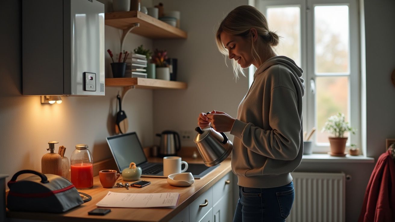 Mulher a fazer chá numa cozinha iluminada, com portátil e chávena de café na bancada.