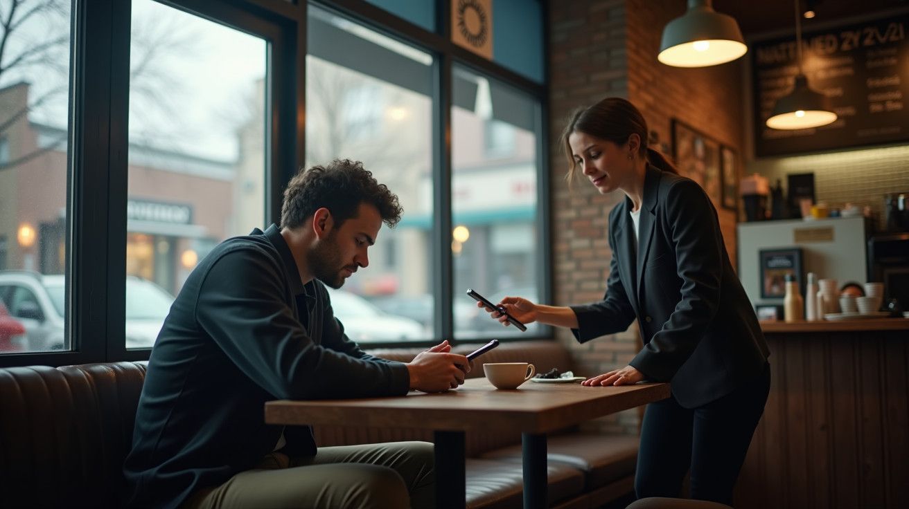 Homem sentado e mulher em pé, ambos usando telemóveis numa cafetaria moderna com grandes janelas.