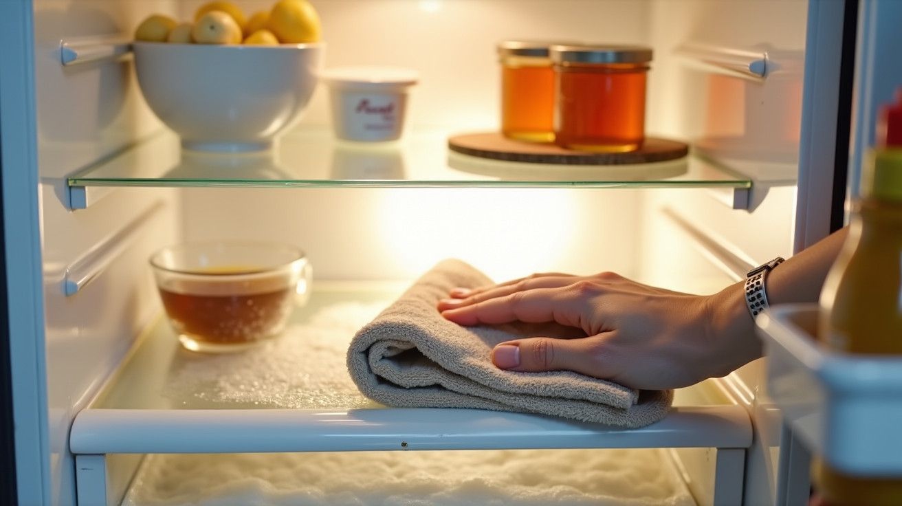 Mão limpando prateleira de frigorífico com pano; produtos alimentares visíveis, incluindo frascos e tigela de limões.