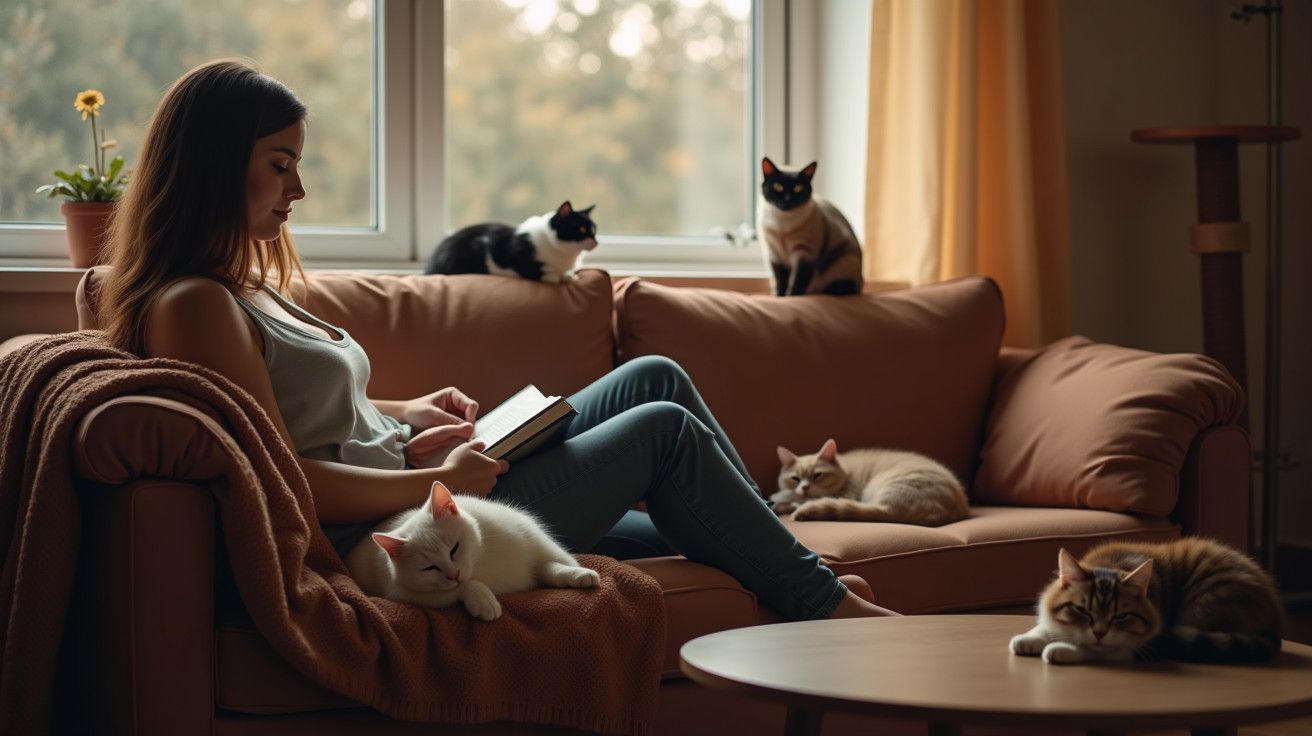 Mulher lê no sofá rodeada por cinco gatos, com luz suave entrando pela janela ao fundo.