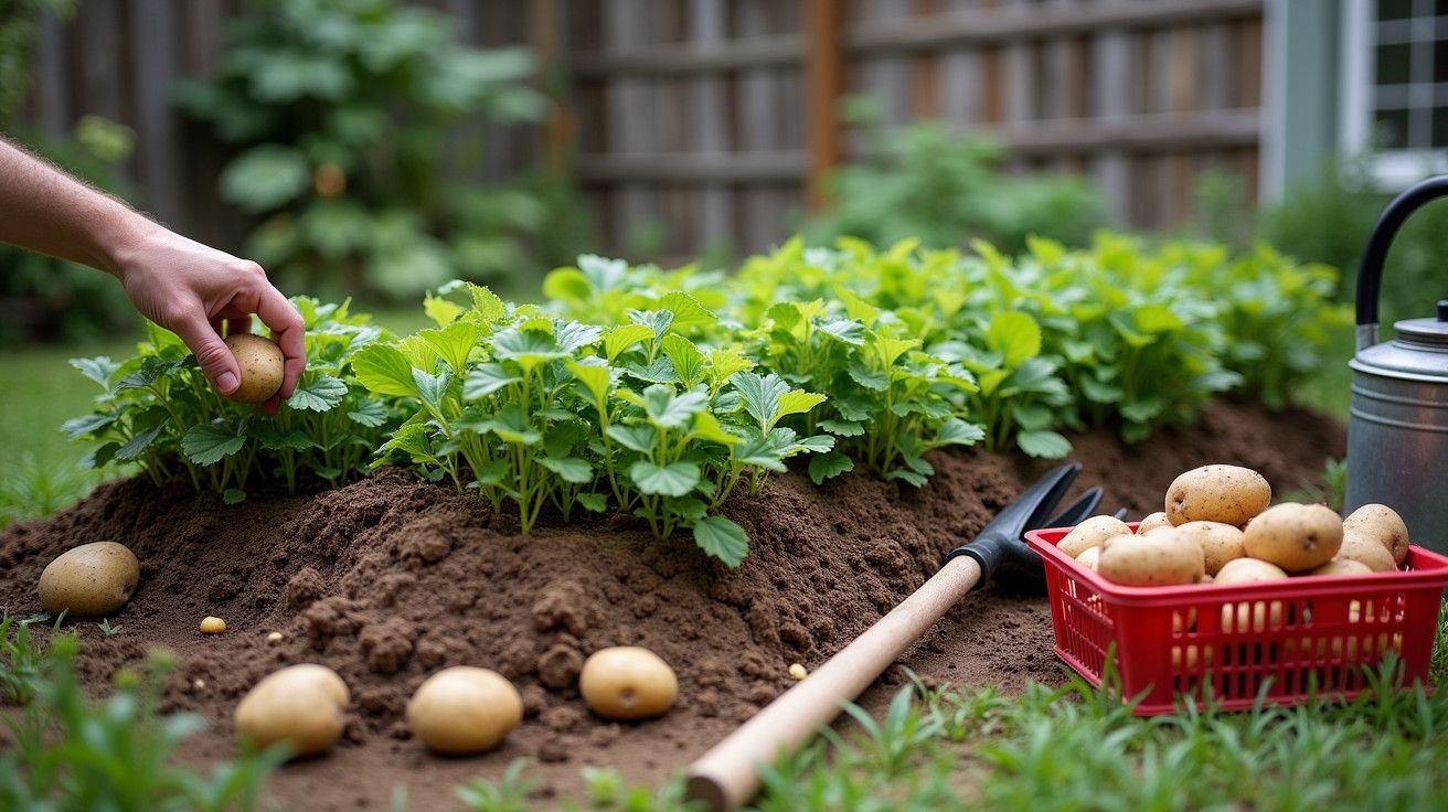 Colheita de batatas num jardim, com mão a segurar uma batata e cesto cheio ao lado de plantas verdes.