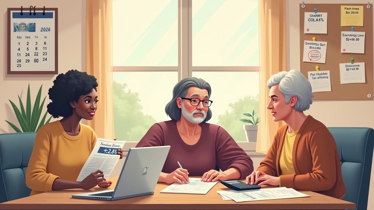 Três pessoas discutem documentos numa mesa com um portátil, quadro de cortiça ao fundo e calendário de 2026 ao lado.