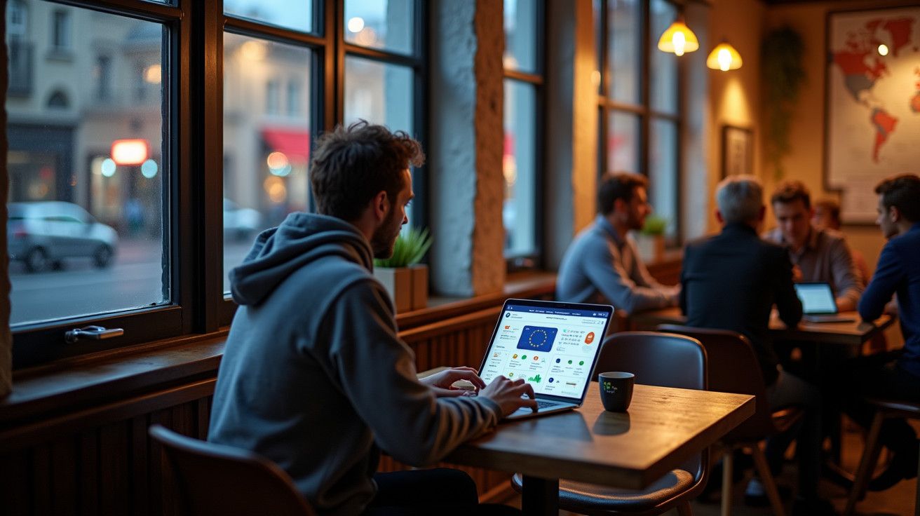 Homem a trabalhar num portátil num café acolhedor, com outras pessoas em segundo plano.
